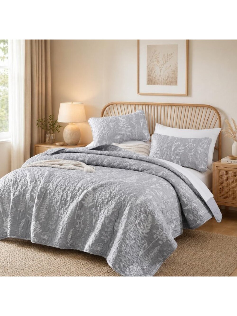 Floral Queen Size Quilt Set - 3 Piece Grey Bedspread Bedding for Cozy Decor